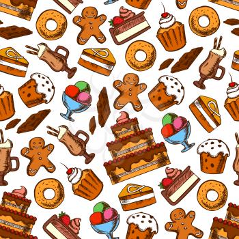 Cakes and desserts seamless pattern on white background with tiered cake, cupcake, muffin and donut with cream, raisin and fruits, coffee cocktail, chocolate bar, ice cream sundae and gingerbread man
