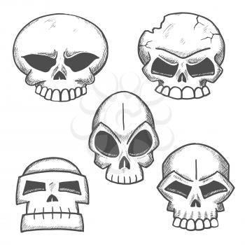 Sketched skulls with eerie old cranium of human or monster with cracked bone, destroyed jaw and angry glances of empty eye sockets. Halloween, mascot or tattoo design