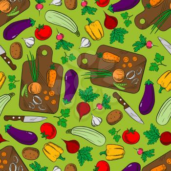 Fresh vegetable salad ingredients background with seamless pattern of tomato, pepper, carrot, eggplant, potato, zucchini, beet, garlic, radish, onion and parsley with knife and cutting board