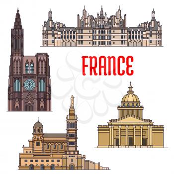 Travel sights of France thin line icon with catholic basilica Notre-Dame de la Garde, gothic Rouen Cathedral, St. Peters Basilica and royal residence Chateau de Chambord