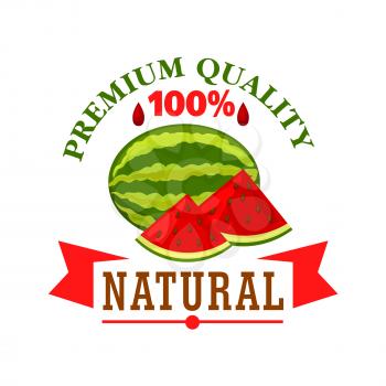Juicy watermelon fruit symbol framed by red ribbon banner with text Natural. Food packaging or farm market design