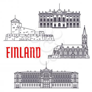 Travel landmarks of Finland and Denmark thin line icon with sea fortress Sveaborg, Lutheran Church of Kotka, art museum Ateneum and palace of danish royal family Amalienborg