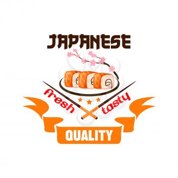 Japanese restaurant emblem. Sushi rolls on plate, chopsticks, cherry blossom and ribbon icons. Design for label, menu card, sticker, door signboard, poster, leaflet, flyer