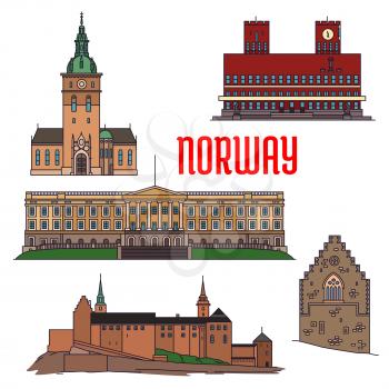 Historic sightseeings and buildings of Norway. Vector detailed icons of Royal Palace, Akershus Fortress, Hakons Hall, Oslo Cathedral, Radhus. Norwegian showplace symbols for print, souvenirs, postcard