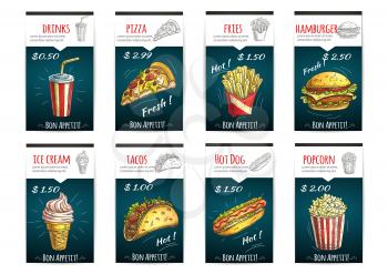 Fast food menu posters with description and price label. Color sketch icons of soda drinks, pizza, fries, hamburger, ice cream, tacos, hot dog, popcorn