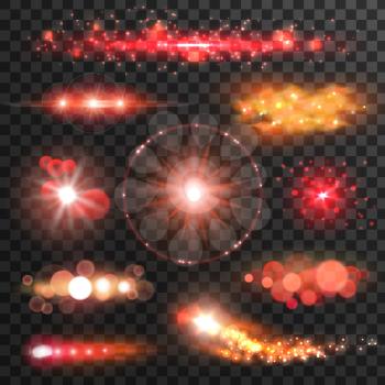 Sparkling red light flashes. Glittering lights and sparkles with lens flare effect on transparent background
