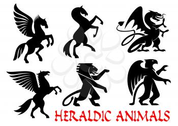 Heraldic mythical animals icons. Vector silhouette emblems. Griffin, Dragon, Lion, Pegasus, Horse heraldry for tattoo, shield insignia