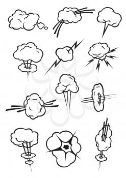 Cloud icons in cartoon comic book style. Isolated cumulus clouds outline in various shapes and forms of smoke puff, steam vapor, fume, explosion, thunderbolt
