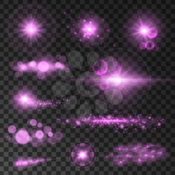 Sparkling purple light flashes. Glittering sparkles and lights with lens flare effect on transparent background