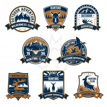 Hunting club shield icons set. Vector hunt sports emblems and labels with animals, boar, deer, duck, elk, antlers, mountain-goat, arrows, forest for hunter badge, t-shirt, outfit