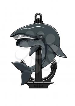 Cachalot whale and Anchor shield. Nautical heraldic icon for t-shirt, sport team mascot shield
