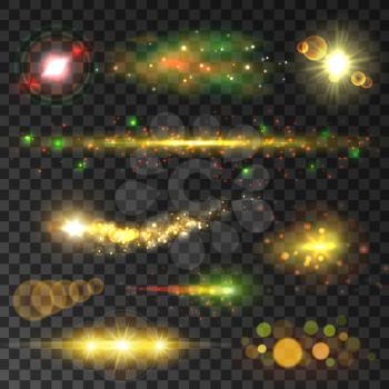 Sparkling golden glittering light flashes. Shiny sparkles and star lights with lens flare effect on transparent background
