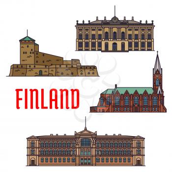 Historic architecture landmarks of Finland. Detailed icons of Suomenlinna, Sveaborg, Kotkan Church, Ateneum Museum, Amalienborg Palace. Finnish showplaces and sightseeing symbols for souvenirs, postca