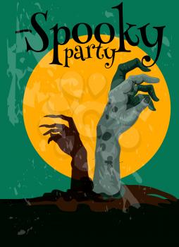 Zombie Spooky Party Halloween poster with zombie hands stretching from grave on background of orange full moon. Banner, card design template invitation, greeting on Halloween celebration