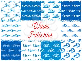 Blue waves seamless pattern set with blue and white waterscape of stormy ocean and sea with billowing waves. Nature theme, marine travel or summer vacation design