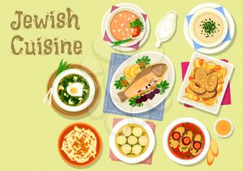 Jewish cuisine dishes icon with gefilte fish, stuffed prune trout, dumpling chicken soup, lentil chowder, vegetable fish stew, cold sorrel soup, radish salad with honey and nut, chicken liver pate