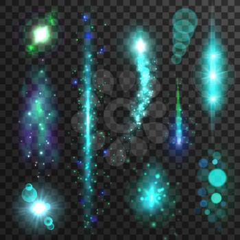 Sparkling light trails with lens flare effect. Blue glitter particles of sparkler tails. Glittering flashes bursts on transparent background