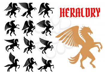 Mythical Pegasus horse creatures. Heraldic animals icons. Vector heraldry emblem silhouettes for insignia, tattoo, shield element