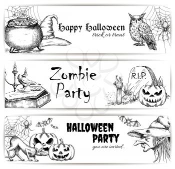 Halloween vector pencil sketch decoration elements. Sketched icons of scary witch in hat, bubbling potion in cauldron, coffin and tomb with zombie hand, creepy pumpkins, black cats. Halloween party de
