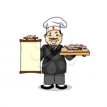 Japanese cuisine icon. Smiling japanese chef cook in national clothing kimono holding menu card template and sushi with wasabi, chopsticks. Vector emblem for restaurant signboard, menu, welcome decora