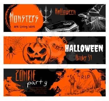 Halloween chalk sketch elements on blackboard. Orange banners with with white text for halloween party. Retro style icons of scary pumpkin, old witch hat, coffin, graveyard tomb, zombie hand