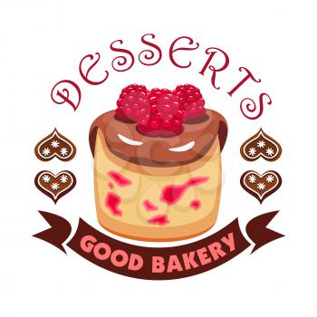 Dessert cake with berries. Bakery shop emblem. Vector icon of sweet cupcake with chocolate topping and raspberries. Template for cafe menu card, cafeteria signboard, patisserie poster, bakery label
