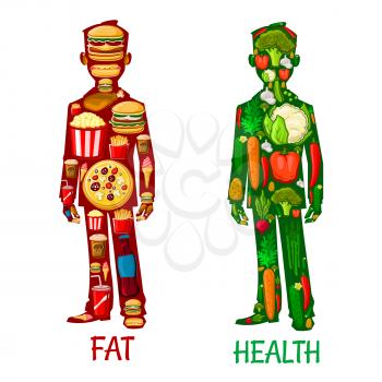 Fat and Health. Human nutrition icons. Healthy vegetarian and unhealthy fast food eating with elements of vegetables, cauliflower, pepper, carrot, radish, potato, cucumber, hamburger, sandwich, french