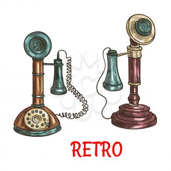 Old vintage retro phones with receivers, dials, wires. Vector color sketch antique telephones