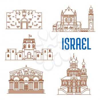 Israel vector thin line icons of Lions Gate, Dormition Abbey, Rockefeller Museum, Church of All Nations, Church of Mary Magdalene. Historic architecture buildings, landmarks sightseeings, showplaces s