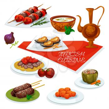 Turkish cuisine meat and vegetable dishes icon with beef shish kebab, lamb kefta kebab, flatbread with iskender kebab and tomatoes, stuffed pepper, butter mussels, carrot ball, rice mint soup
