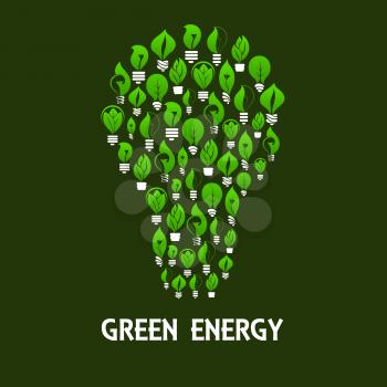 Green energy light bulb symbol made up of eco lamps with green leaves and plants. Saving energy and ecology themes design