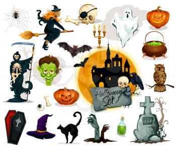 Full set of Halloween traditional characters and elements. Pumpkin candle lantern, witch broom and hat, potion cauldron, zombie grave stone, haunted castle ghost, vampire coffin, skeleton skull, black