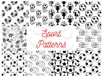 Sport seamless patterns with set of black and white football or soccer balls, champion trophy and winner cup. Sporting items, football championship themes design