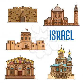 Israel vector detailed architecture icons of Lions Gate, Dormition Abbey, Rockefeller Museum, Church of All Nations, Church of Mary Magdalene. Historic buildings symbols for souvenirs, postcards