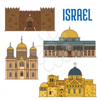 Israel vector detailed architecture icons of Damascus Gate, Al-Aqsa Mosque, Monastery Ein Karem, Church of the Holy Sepulchre. Israeli showplaces symbols for print, souvenirs, postcards, t-shirts