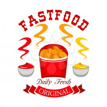 Fast food chicken nuggets emblem. Vector icon of daily fresh hot snack with ketchup and mustard in paper box with red ribbon and text