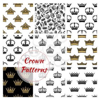 Vector pattern of royal crowns. Seamless background with golden, royal, heraldic, imperial, vintage, retro, monarch, regal crown icons