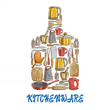 Kitchen utensils and kitchenware emblem in shape of cutting board. Kitchen decoration of vector sketch icons kettle, saucepan, frying pan, cooking glove, rolling-pin, cup, whisk, mixer, grater