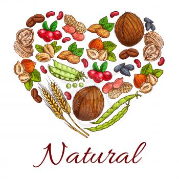 Healthy nuts, grain, berries icons in heart shape. Vegetarian coconut, hazelnut, peapod, wheat ears, peanut, cranberry,, walnut, coffee beans, sunflower seeds. Decoration design element