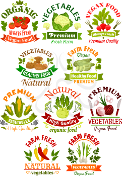 Vegetables labels set for food industry. Vector farm fresh organic vegetables tomato, cauliflower, radish, potato, zucchini, corn, kohlrabi, onion, pepper, leek. Vegetarian product stickers for grocer