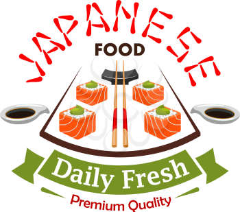 Japanese daily fresh food vector label emblem. Salmon sushi rolls, bamboo chopsticks, soy sauce elements. Vector design for menu card, restaurant sticker, poster