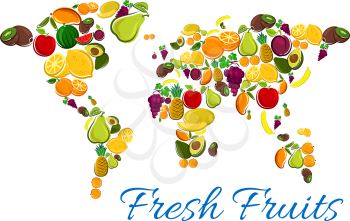 Fruits map. Vector icons of fresh fruit icons in shape world map with continents. Natural exotic and tropical fresh fruits background for vegetarian and healthy raw nutrition concept design