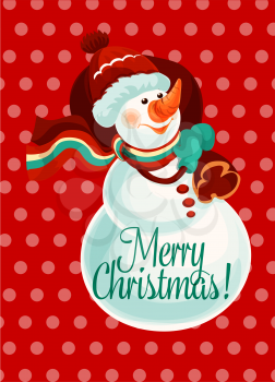 Christmas snowman with gift bag greeting card. Snowman in red knitted hat, scarf and gloves holding sack with christmas present. Merry christmas and Happy New Year poster design