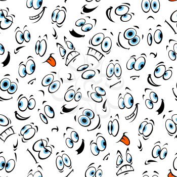 Cartoon human face emoticons seamless pattern. Smiling, bored, winking, tongue out, happy, surprised, sad, angry, crying, shocked, silly, scared, sleepy vector emotions expressions of emoji with blue 