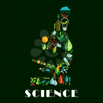 Science emblem in shape of microscope combined from color flat icons of book planet satellite, dna, charts, graphs, graduation cap, globe, microscope, monitor, atom, telescope. Conceptual label for sc