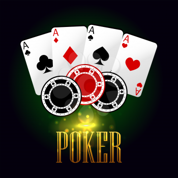 Poker casino banner with playing cards and chips. Vector elements of aces cards set, poker gaming tokens with text on green board background for online and machine gaming roulette entertainment poster