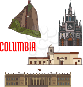 Architecture tourist attractions of Colombia. El Penon de Guatape Rock, Iglesia de la Merced church, Las Lajas Sanctuary, Colombian Capitol. Historic buildings vector icons