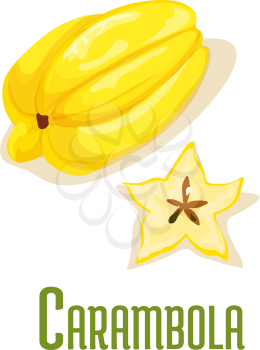 Carambola. Vector isolated icon of tropical exotic carambola fruit. Juicy ripe whole and sliced starfruit shape of carambola fruit for shop emblem, product, menu card design element