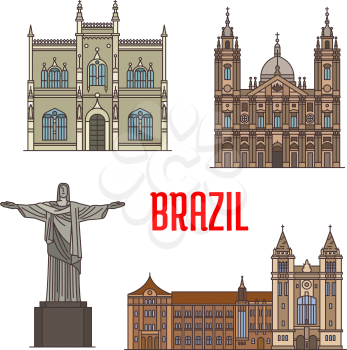 Tourist attraction architecture landmarks in Brazil. Christ the Redeemer statue, Portuguese Royal Public Library, Sao Bento Monastery, Candelaria Church detailed facade icons for travel, vacation desi