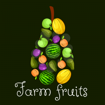 Farm fruits flat icons combined in shape of pear emblem. Vector fresh juicy melon, watermelon, apple, orange, plum, avocado. Fruit label, sticker, banner design